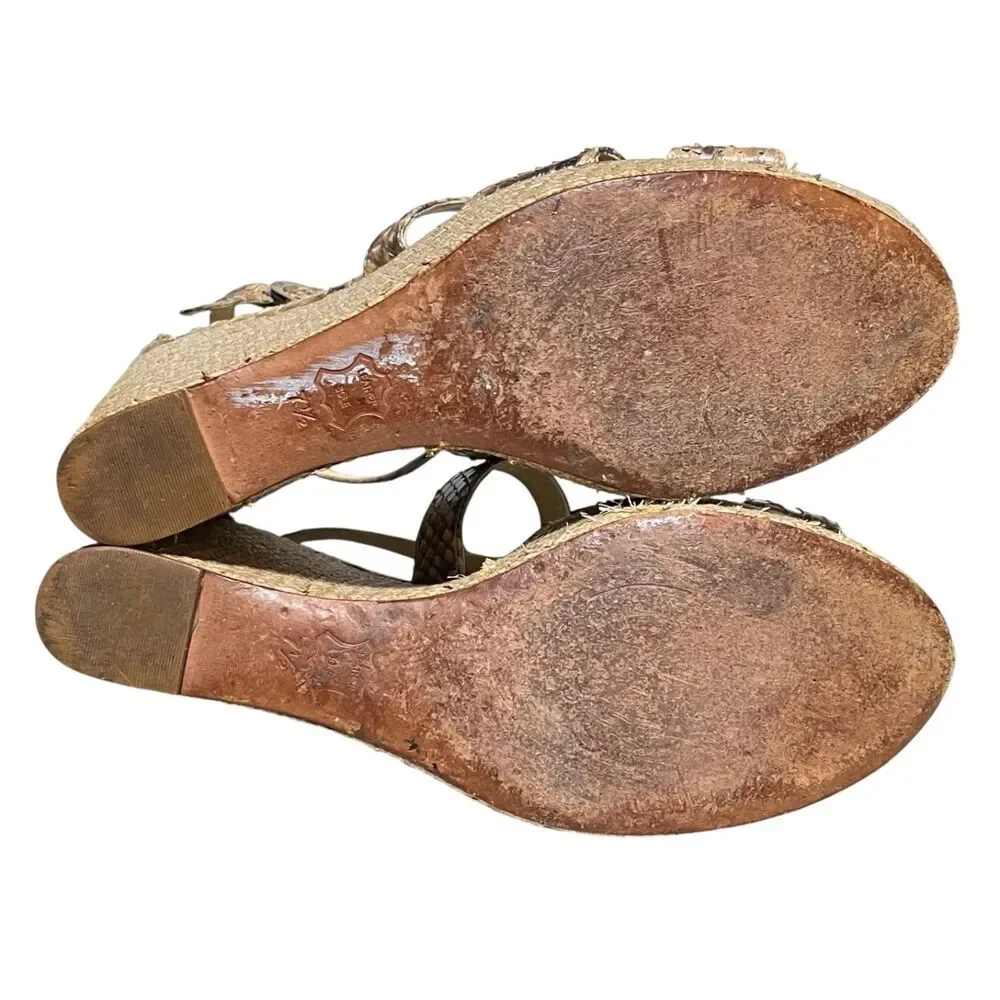 Alexandre Birman Python Skin Raffia Platform Wedge Sandals Beige Brown 7.5